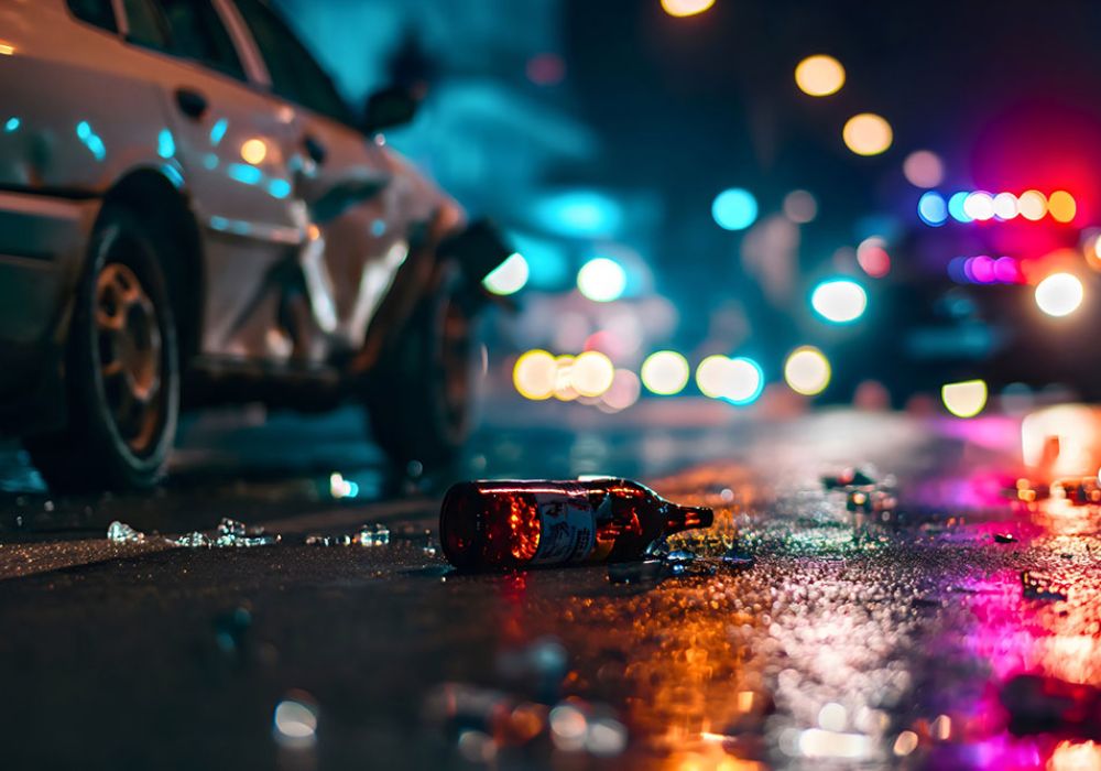 Crashed car with beer bottle on wet street at night, police lights in background, highlighting drunk driving dangers.