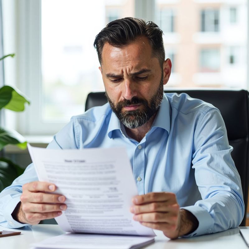 Businessman reviewing documents at desk in office.