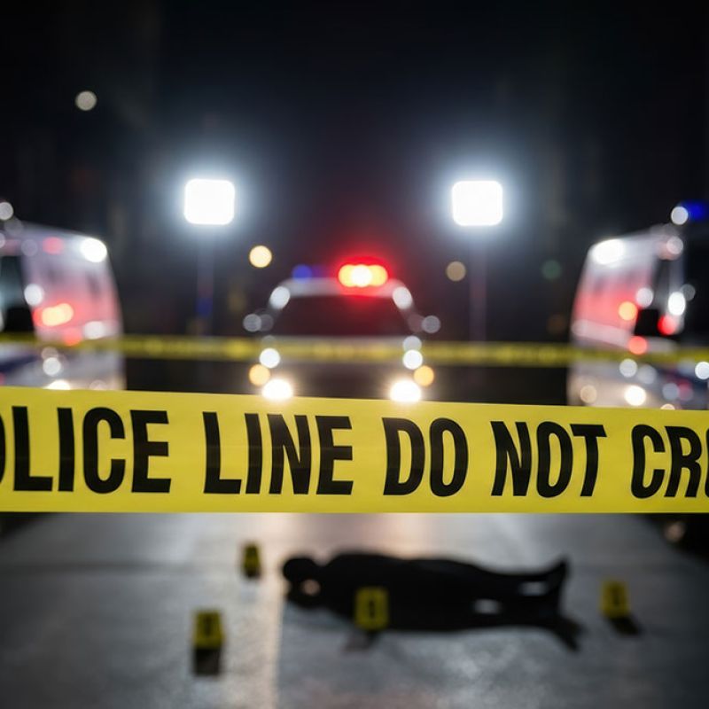 Police line with crime scene, silhouette on street, police cars, and lights in the background.