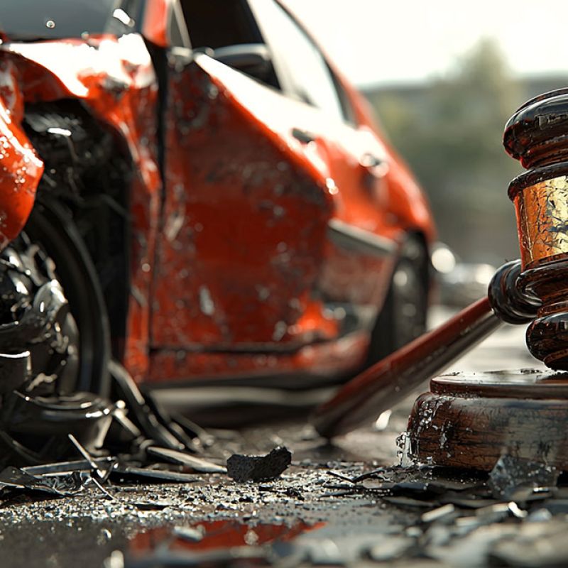 Red car accident with gavel, symbolizing legal action for vehicle crash claims.