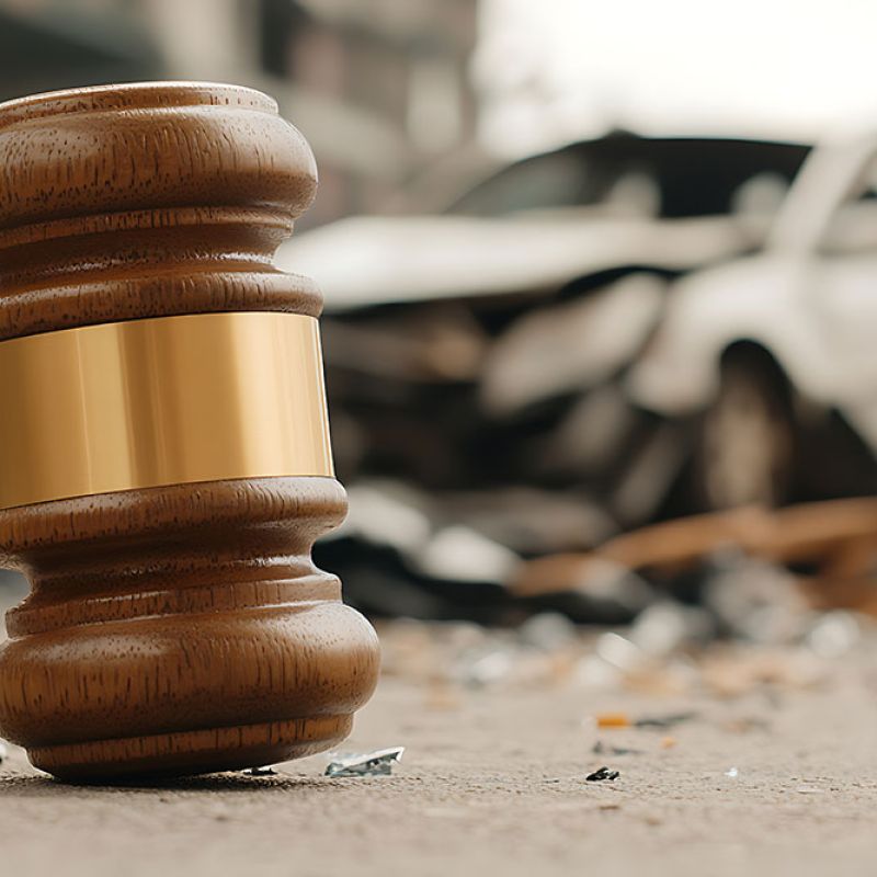 Judge's gavel in focus with a blurred car accident scene in the background, symbolizing legal action in crashes.