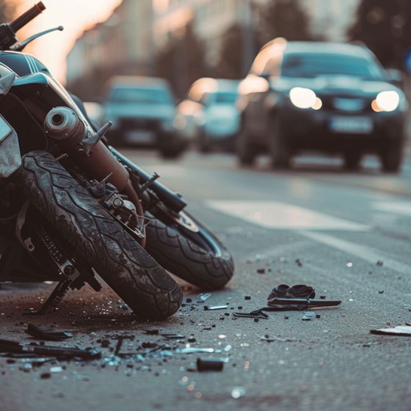 Motorcycle accident on city street with debris scattered, highlighting urban traffic safety concerns.