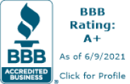 BBB Accredited Business A+ rating badge, dated 6/9/2021, with clickable link to profile.