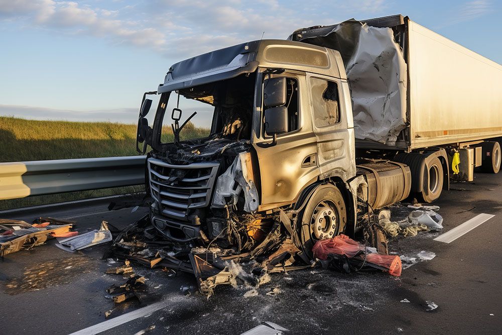 Damaged truck on highway after a serious accident, showcasing wreckage and debris on the road at sunrise.