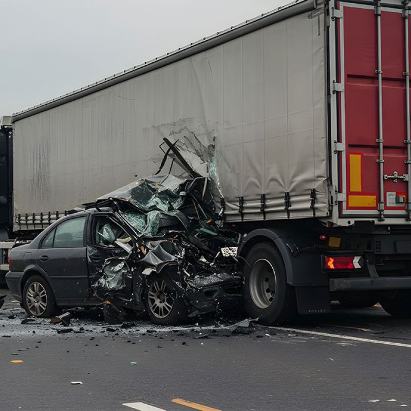 Car collided with rear of truck on highway, causing severe damage. Road accident scene with debris scattered.
