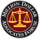 Seal for Million Dollar Advocates Forum with scales of justice in gold on a maroon background.