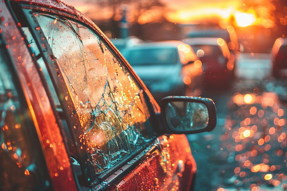 Car window with raindrops reflecting sunset light, surrounded by blurred wet vehicles.