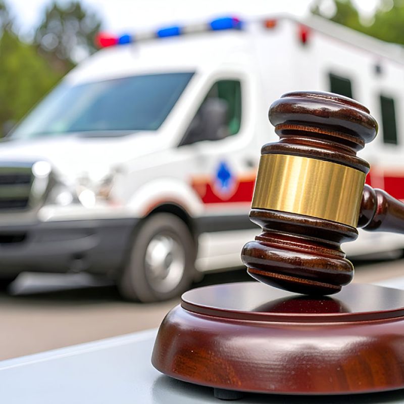 Gavel in focus with a blurred ambulance in the background, symbolizing legal issues in emergency services.