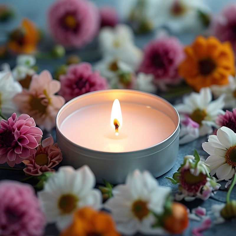 Lit candle surrounded by colorful flowers, creating a serene and calming ambiance.