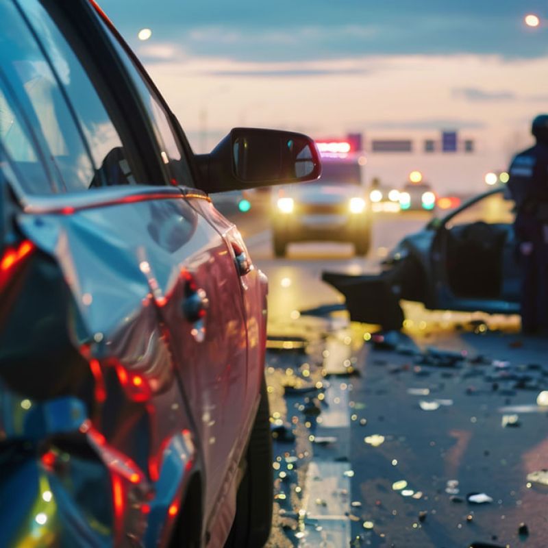 Car accident scene with damaged vehicles on road at dusk, police officers assessing situation, debris scattered on pavement.