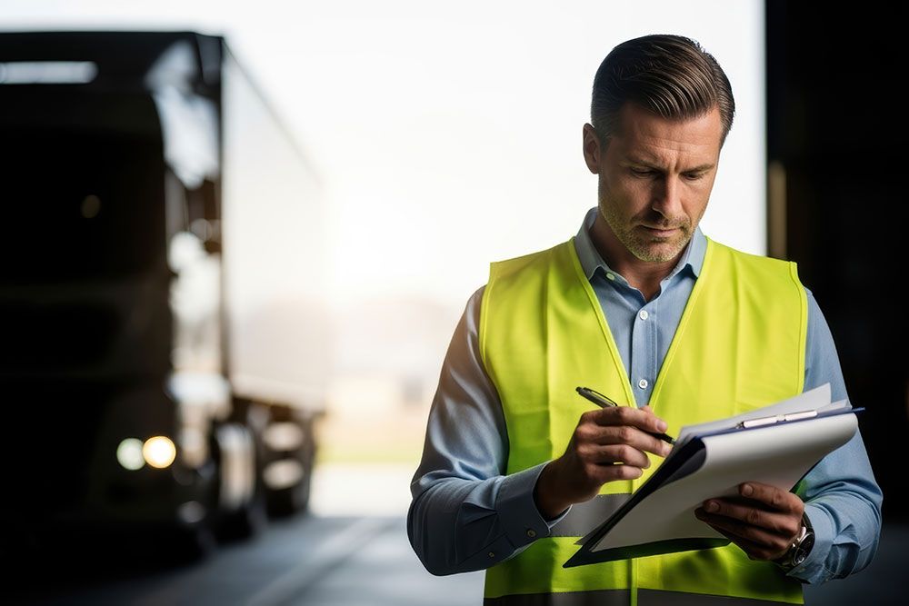 Man in high-visibility vest checks clipboard near truck in warehouse. Logistic and transport management concept.
