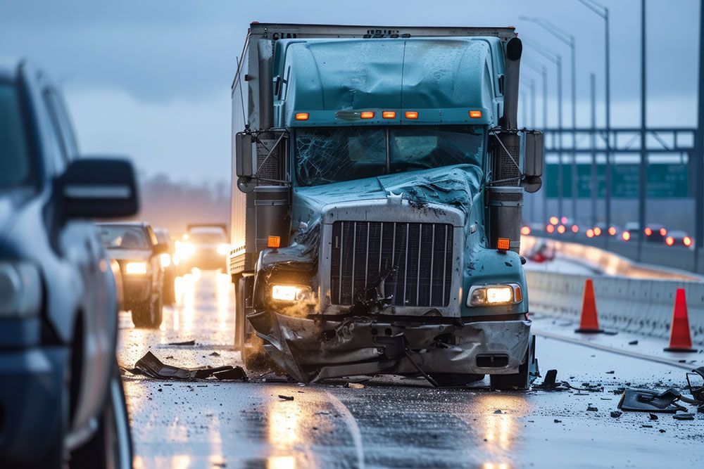 Damaged semi-truck after highway accident on a rainy day, surrounded by traffic and orange cones.