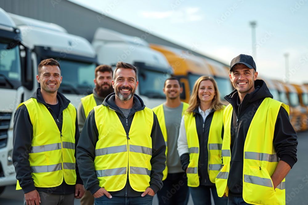 Group of smiling workers in high-visibility vests standing by trucks in a parking lot.