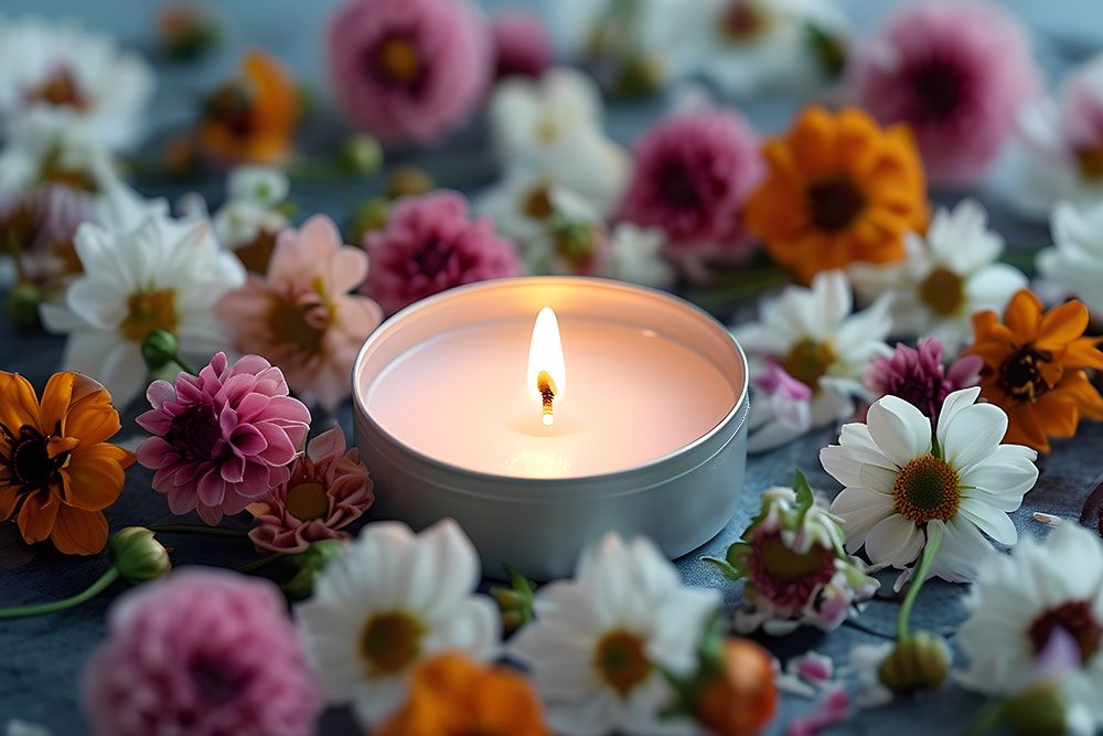 Lit candle surrounded by colorful flowers, creating a serene and calming ambiance.
