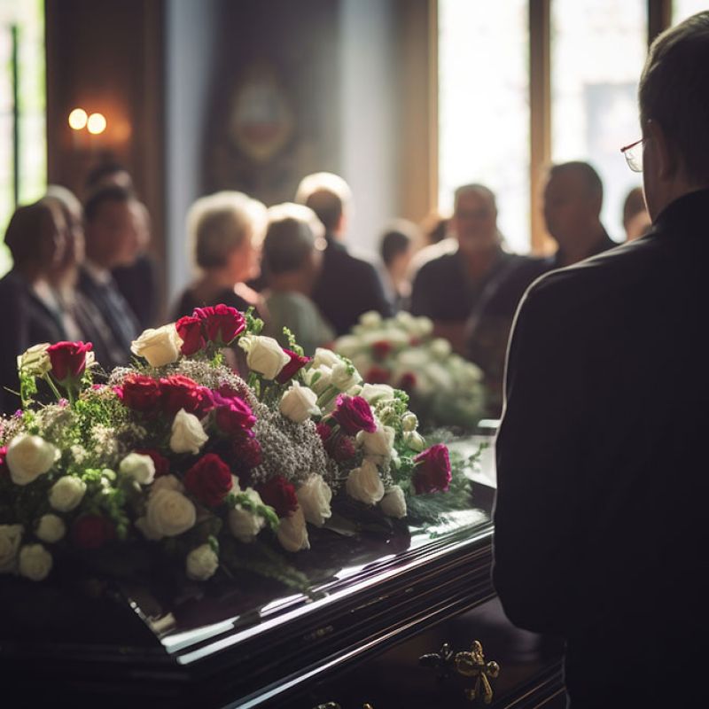 Funeral ceremony with people gathered around a casket adorned with red and white roses in a dimly lit room.