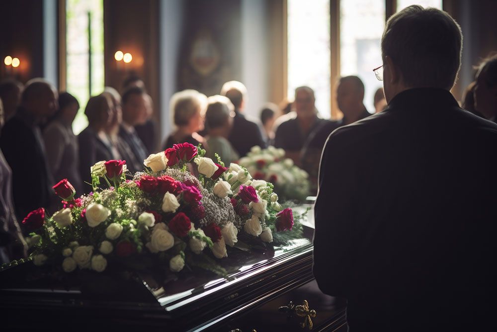Funeral ceremony with people gathered around a casket adorned with red and white roses in a dimly lit room.