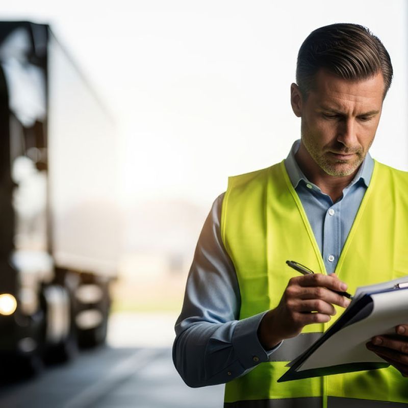 Man in high-visibility vest checks clipboard near truck in warehouse. Logistic and transport management concept.