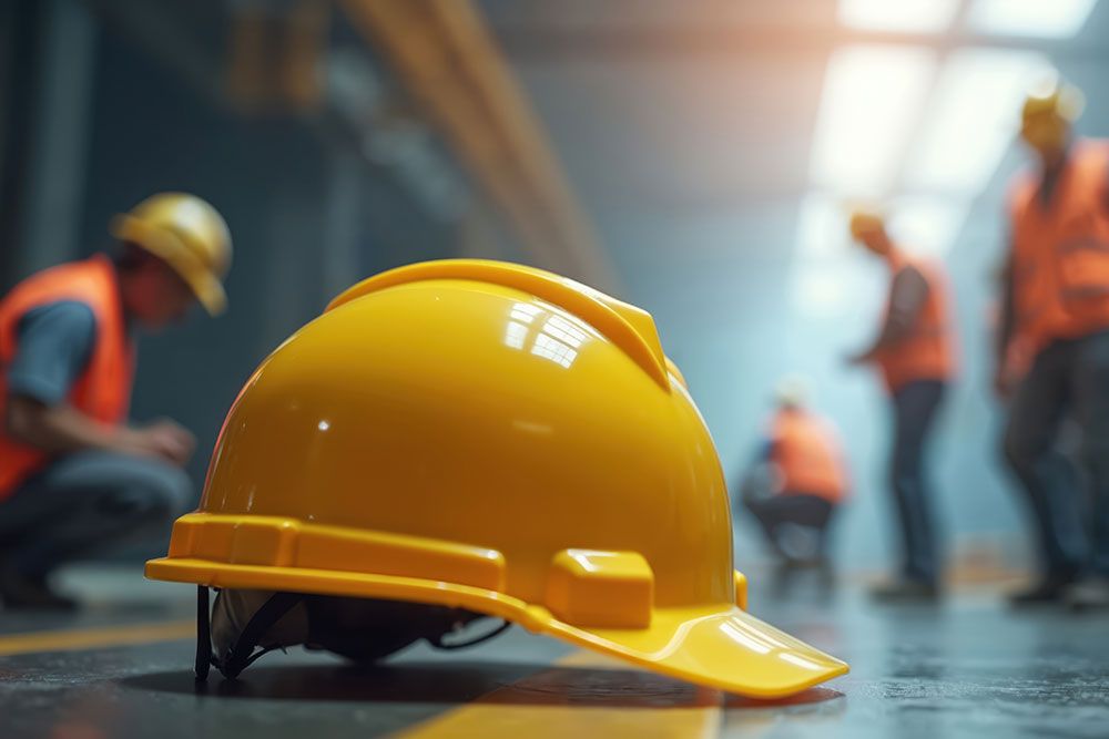 Yellow safety helmet in focus at a construction site with workers in vests and helmets in the background.