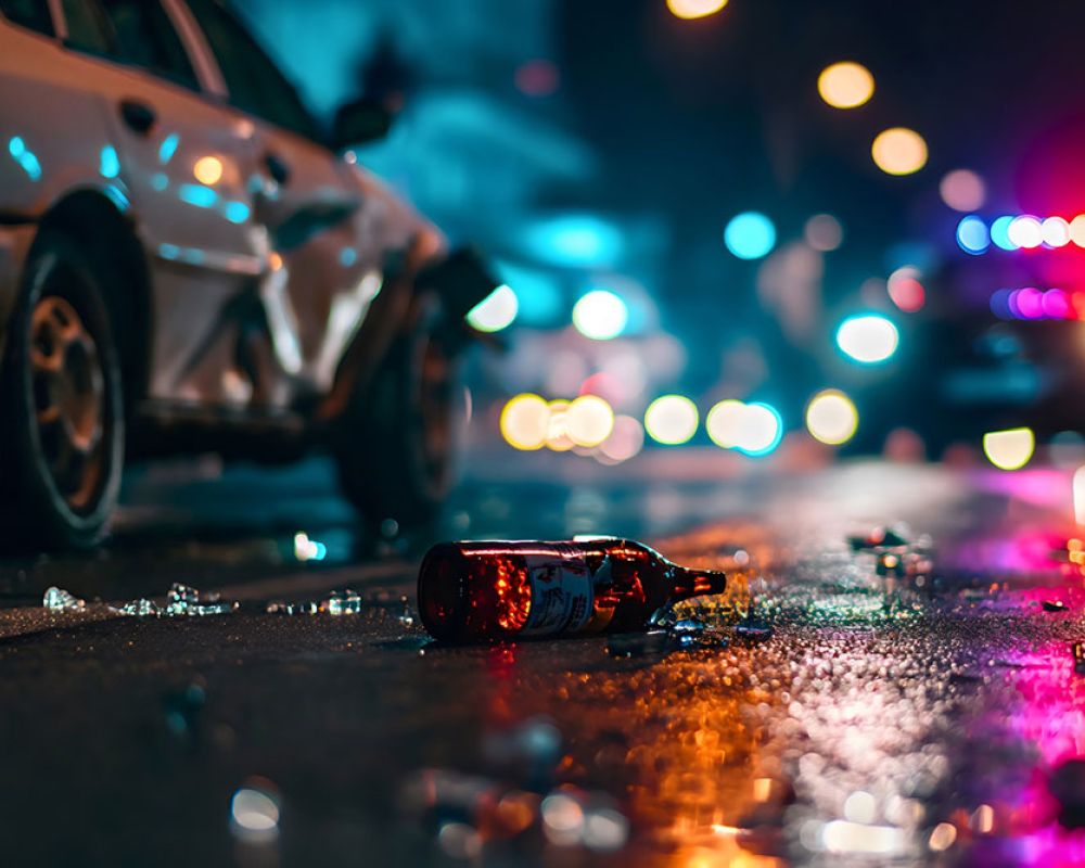 Crashed car with beer bottle on wet street at night, police lights in background, highlighting drunk driving dangers.