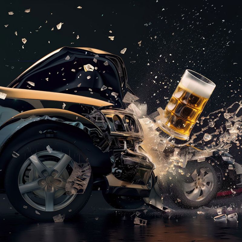 Car crash with large beer mug impact, highlighting dangers of drinking and driving.