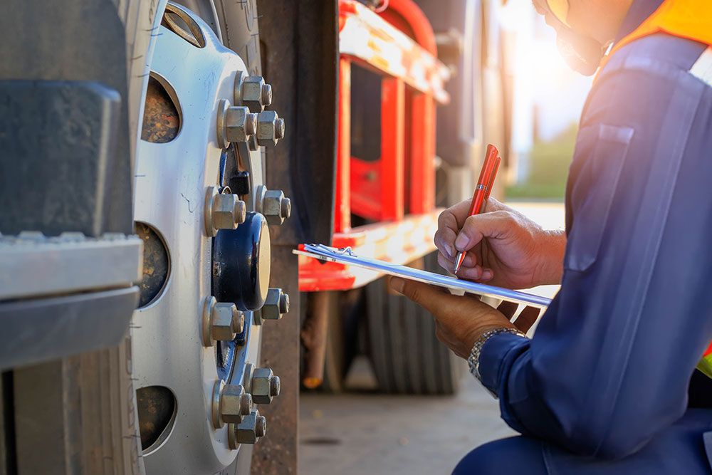 Person inspecting a truck tire with a checklist, ensuring vehicle safety and maintenance.