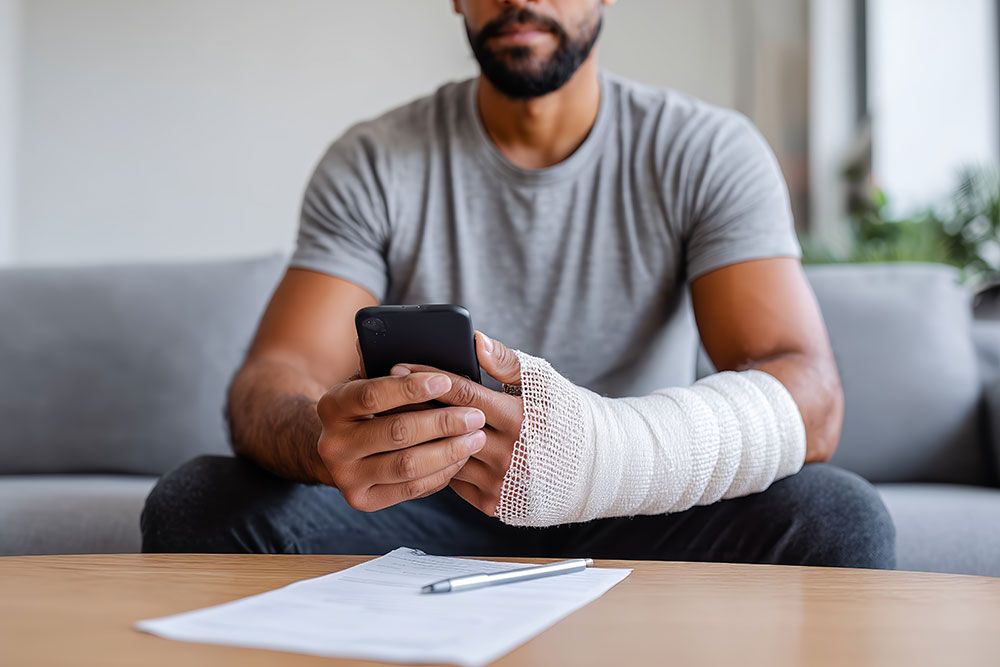 Man with arm in cast using smartphone on couch, paperwork and pen on table.