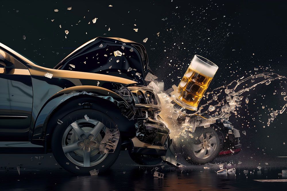 Car crash with large beer mug impact, highlighting dangers of drinking and driving.