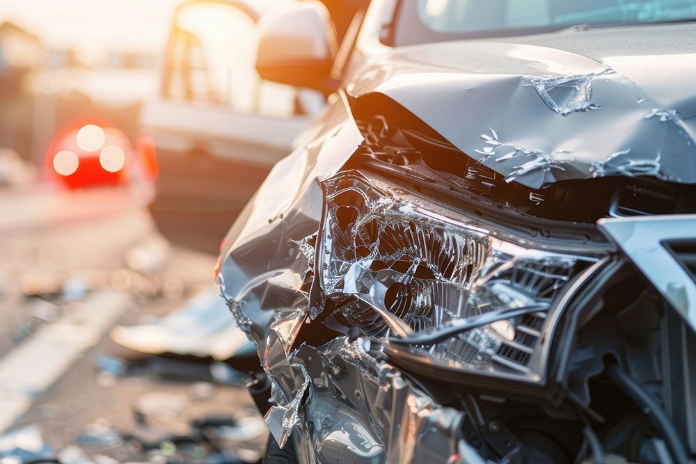 Crashed car with front-end damage on the road in sunlight, debris scattered around.