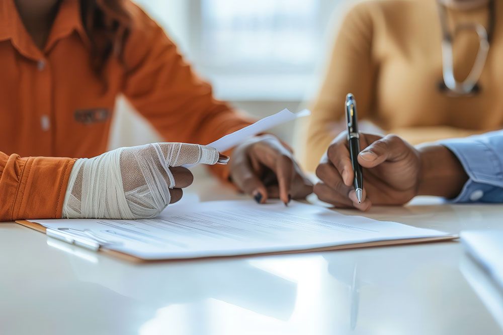Person with bandaged hand reviewing documents with another person holding a pen.