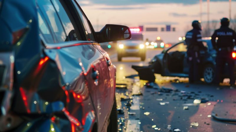 Car accident scene with damaged vehicles on road at dusk, police officers assessing situation, debris scattered on pavement.