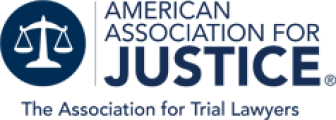 Logo of American Association for Justice, featuring scales of justice and text, representing trial lawyers' organization.