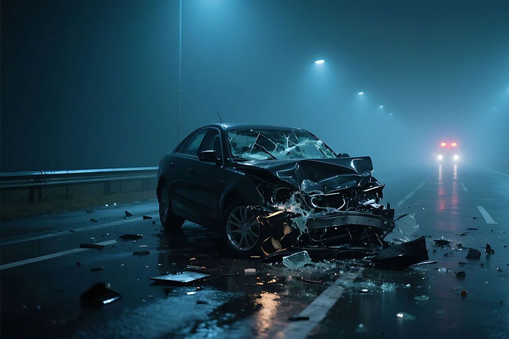 Crashed car on a dimly lit road at night, debris scattered, flashing emergency lights in the distance.