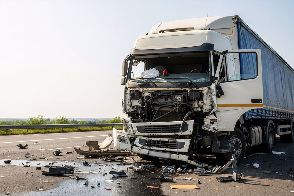Damaged truck after highway accident with debris scattered on the road under clear sky.