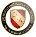 Distinguished Justice Advocates badge, highlighting the top 1% of attorneys in America for excellence in legal services.