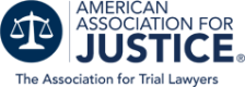 Logo of American Association for Justice, featuring scales of justice and text, representing trial lawyers' organization.