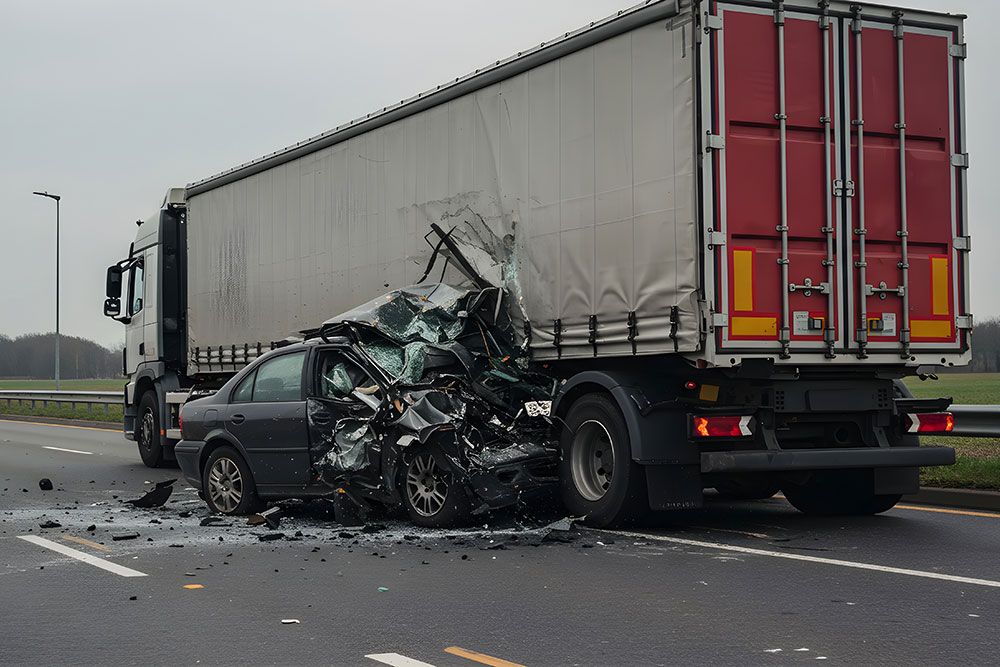 Car collided with rear of truck on highway, causing severe damage. Road accident scene with debris scattered.