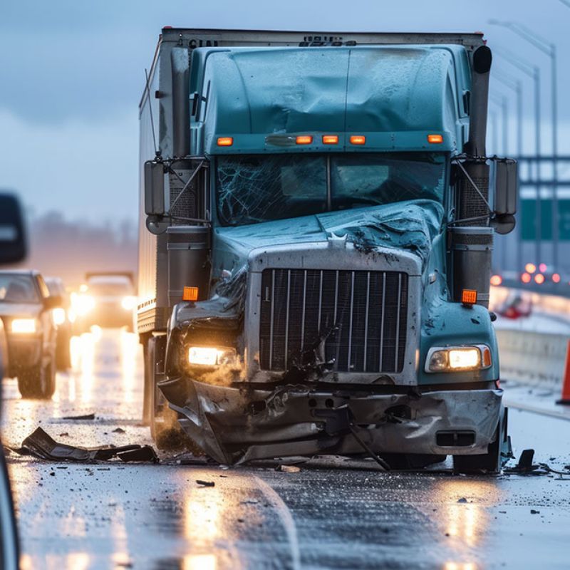 Damaged semi-truck after highway accident on a rainy day, surrounded by traffic and orange cones.