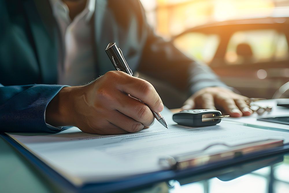 Person signing car lease paperwork with car keys on the table.
