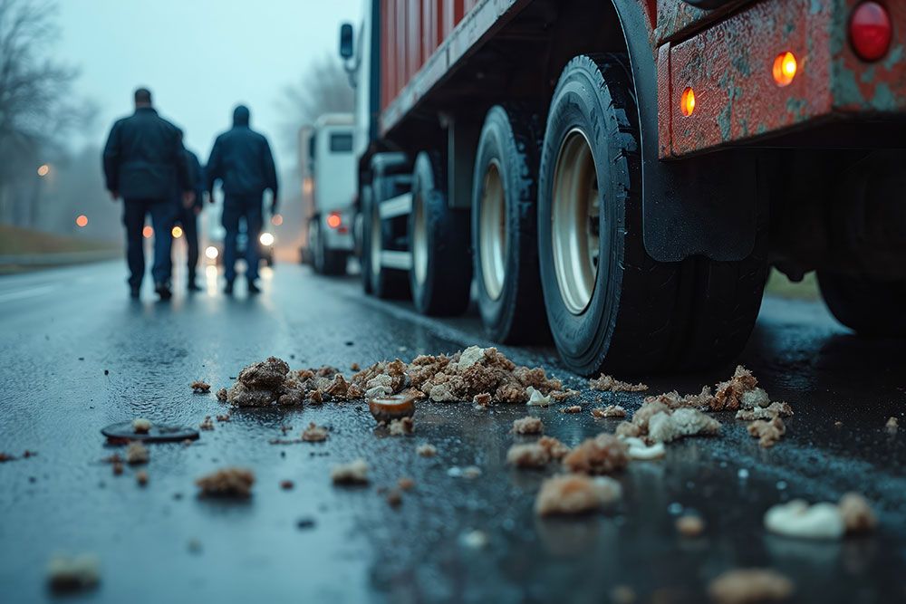 Wet road with truck debris and people walking, highlighting safety concerns in low light conditions.