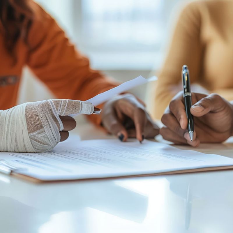 Person with bandaged hand reviewing documents with another person holding a pen.