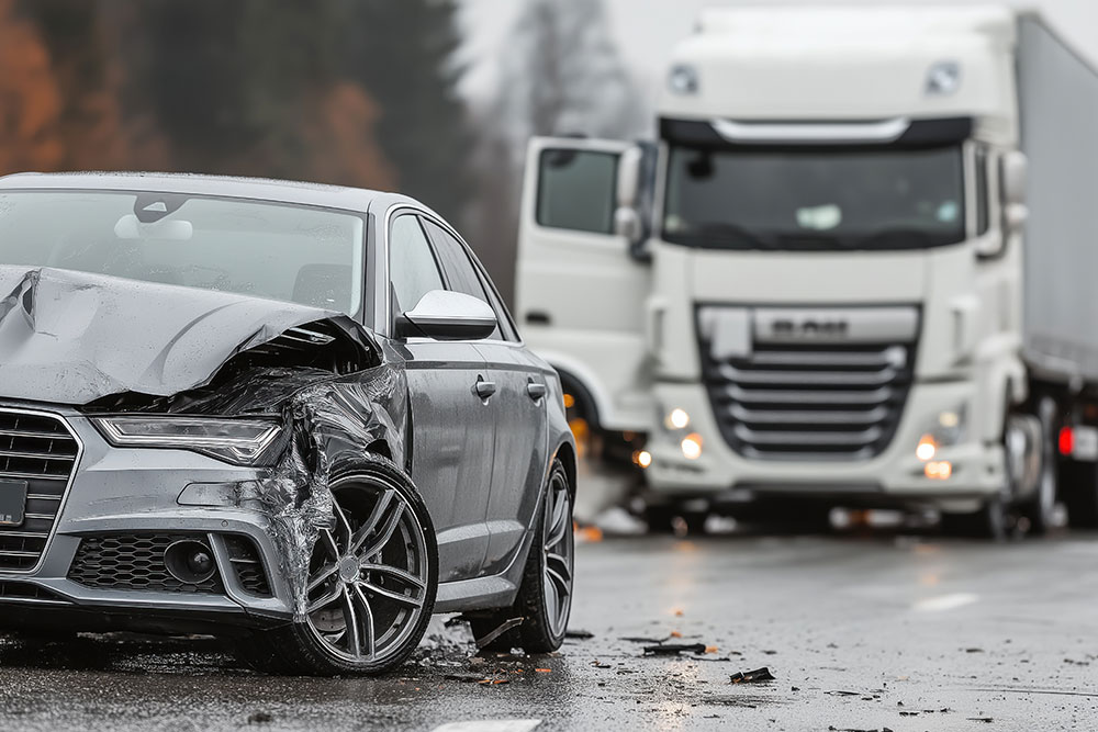 Damaged car after collision with truck on a wet road, highlighting the importance of road safety and attentive driving.