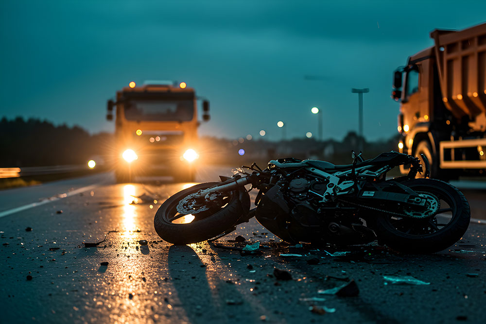 Motorcycle accident scene on wet highway with trucks and debris, captured at dusk with dramatic lighting.