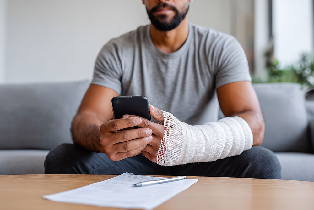 Man with arm in cast using smartphone on couch, paperwork and pen on table.