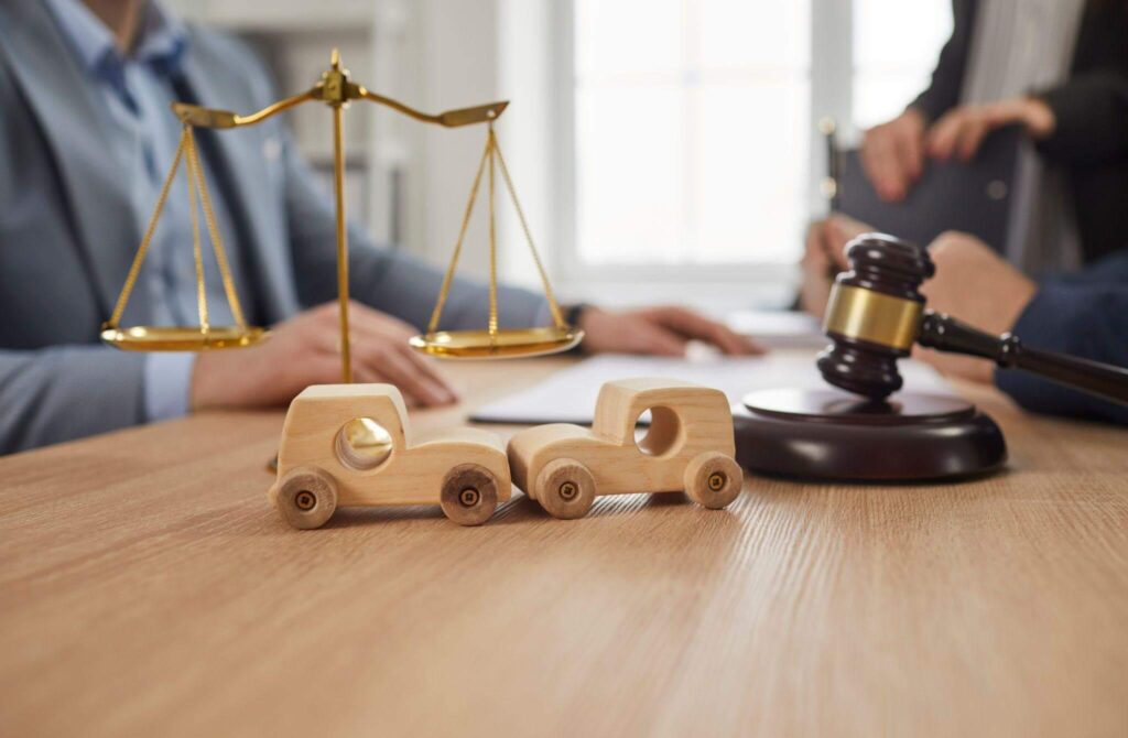 a wooden toy truck sitting on top of a wooden table, there's a gavel next to it