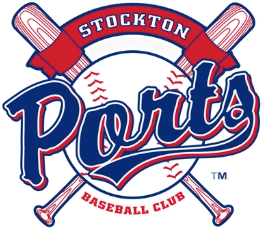 Logo of Stockton Ports Baseball Club featuring bats and baseball elements in red, white, and blue.