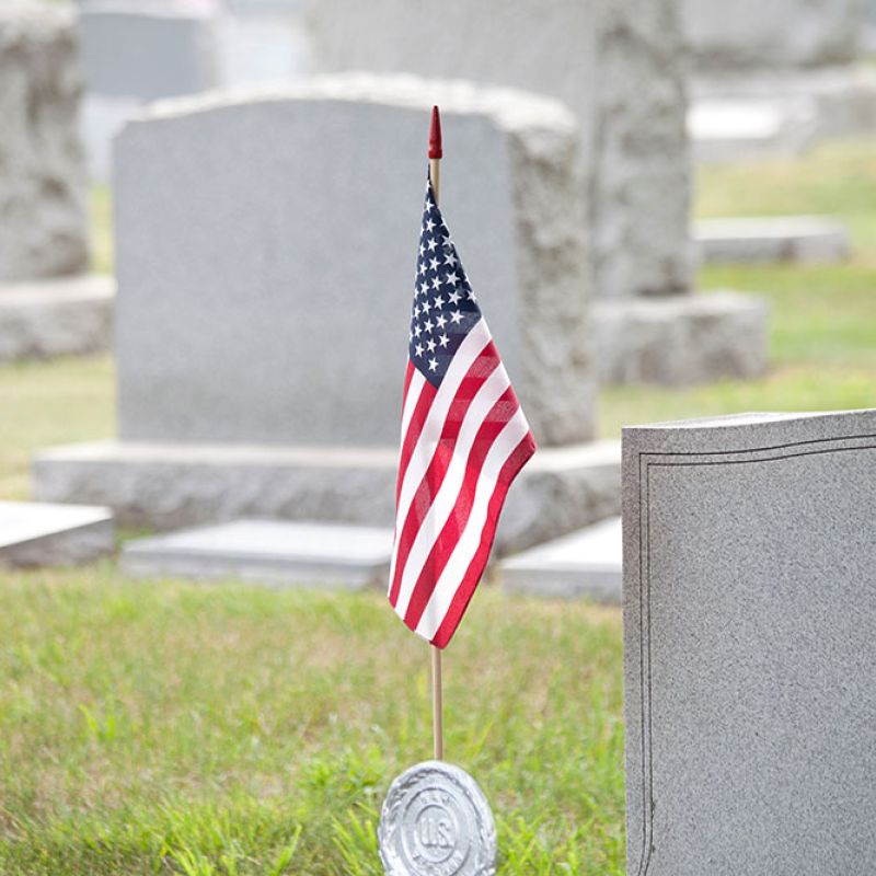 American flag on a grave in a cemetery, surrounded by memorial headstones and green grass.