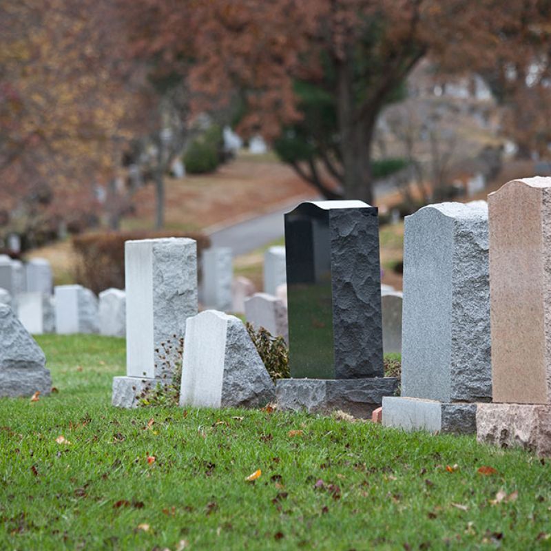 Gravestones in a serene cemetery on a fall day, surrounded by lush grass and autumn trees.